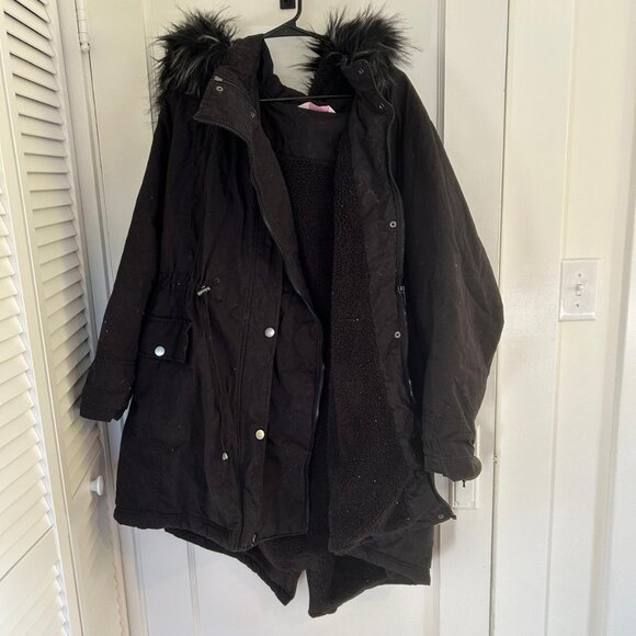BUMP IT UP MATERNITY Black Fur Trim Parka, Size US 22-24 - Picture 2 of 6
